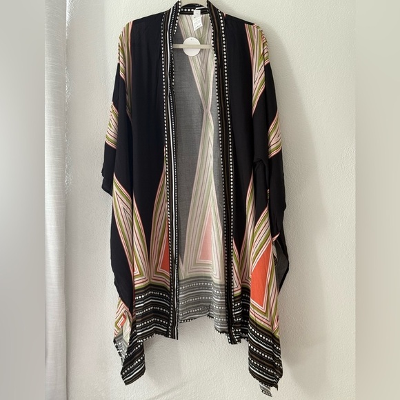 Chic Black and Multicolor Kimono Duster Art Deco Size L - Picture 3 of 11